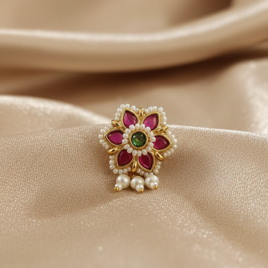 Maharashtrian Kundan Nath Nose Pin  wit Pink Petal Stones