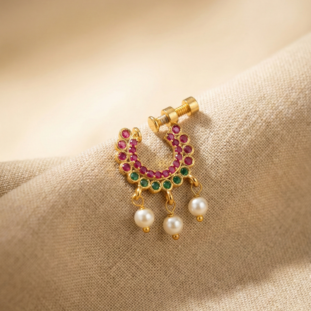 Gold  Ruby & Green Stone Half-Hoop Nose Pin
