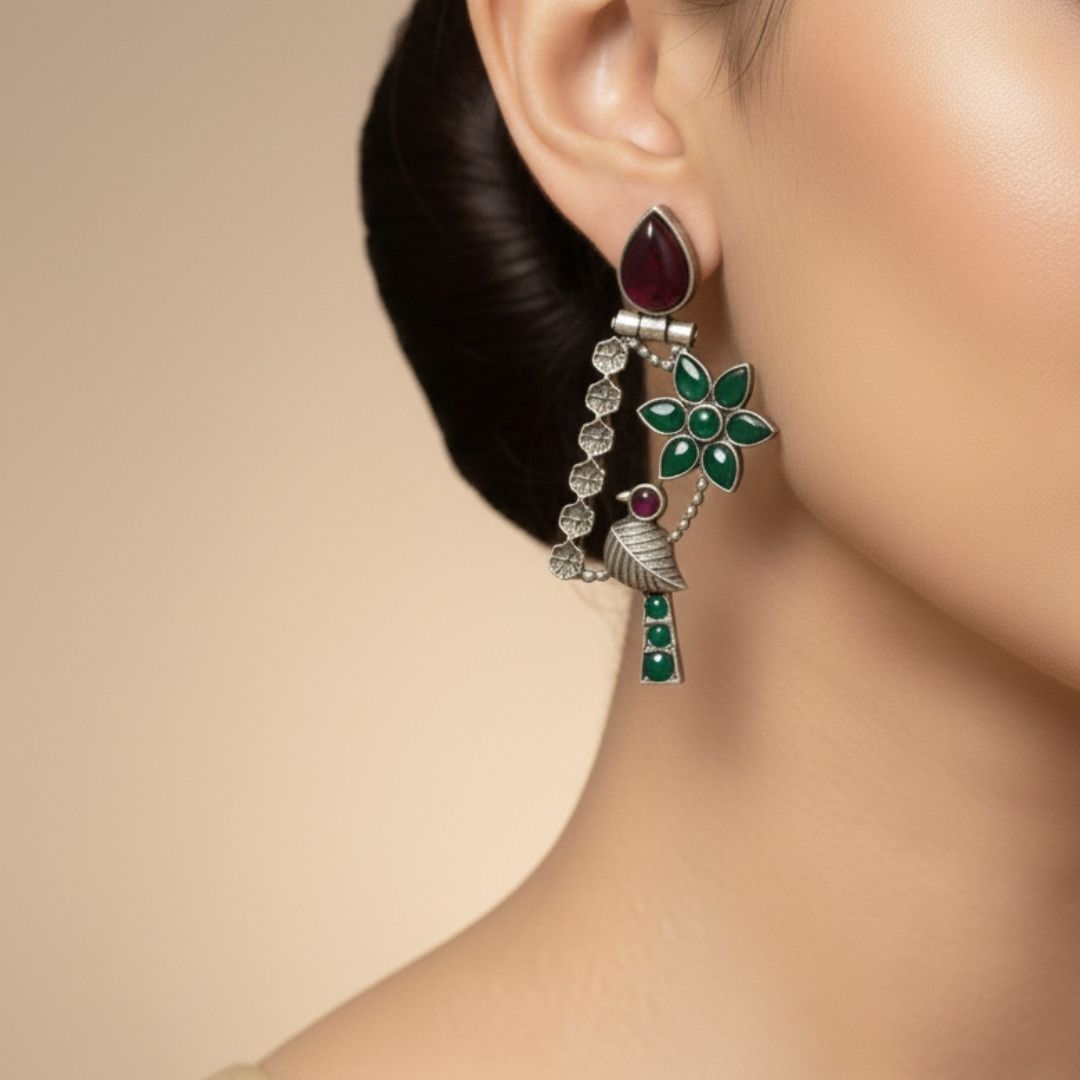 Oxidised Silver Floral Bird Earrings