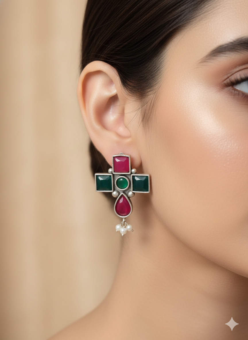 Oxidised Silver Pink & Green Stone Earrings |