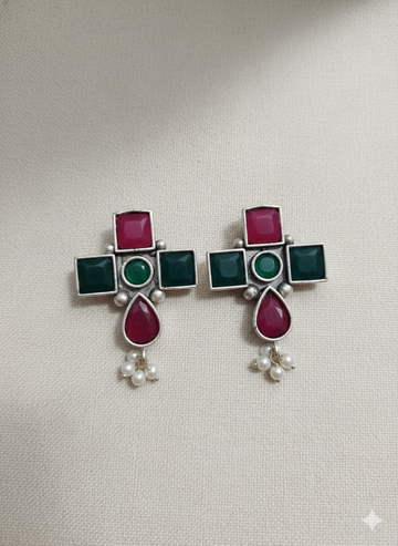 Oxidised Silver Pink & Green Stone Earrings |