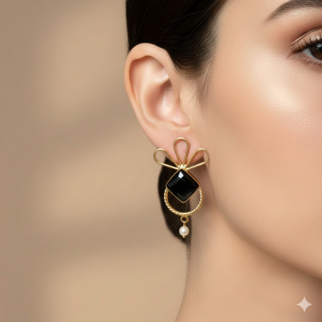 Black Monalisa Stone Bow Earrings  with Pearl Drop