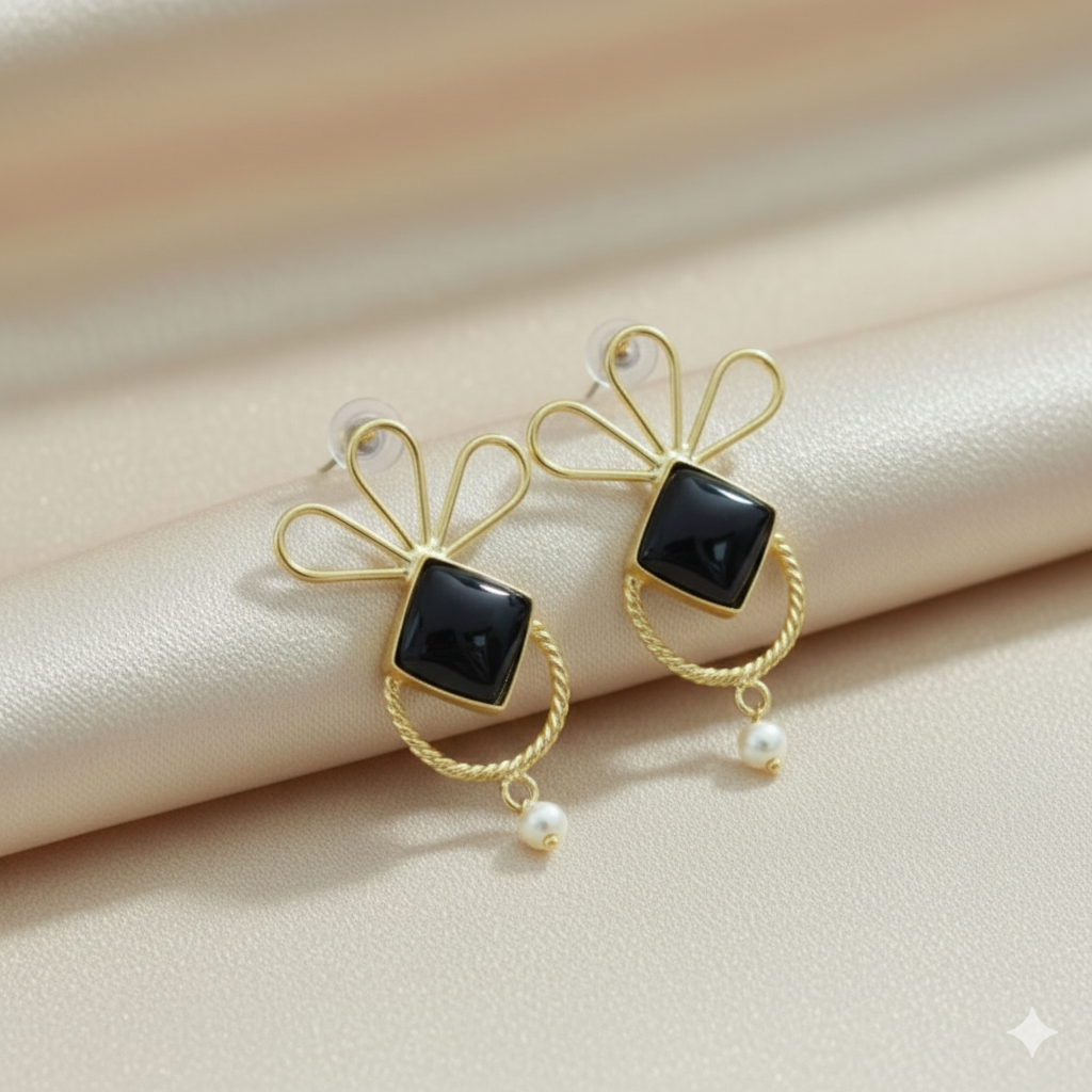 Black Monalisa Stone Bow Earrings  with Pearl Drop
